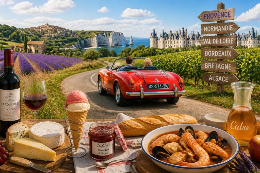 partez à la découverte des spécialités culinaires et boissons régionales françaises lors d'un road trip gourmand à travers la france.