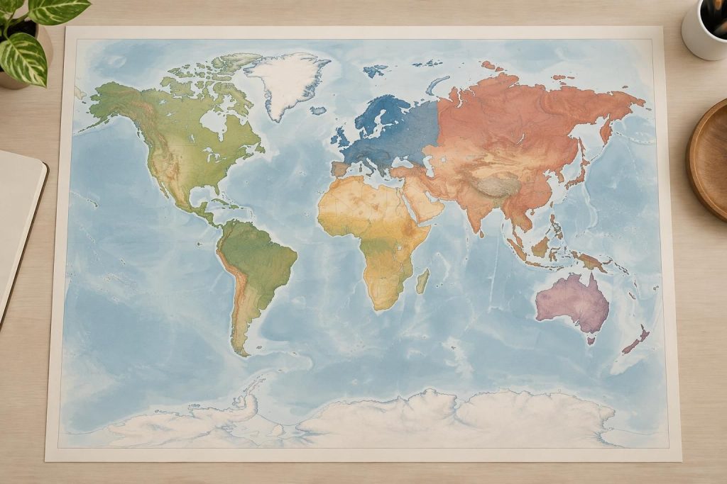 téléchargez et imprimez une carte du monde pour décorer votre intérieur ou apprendre la géographie en famille, à l’école ou à la maison.