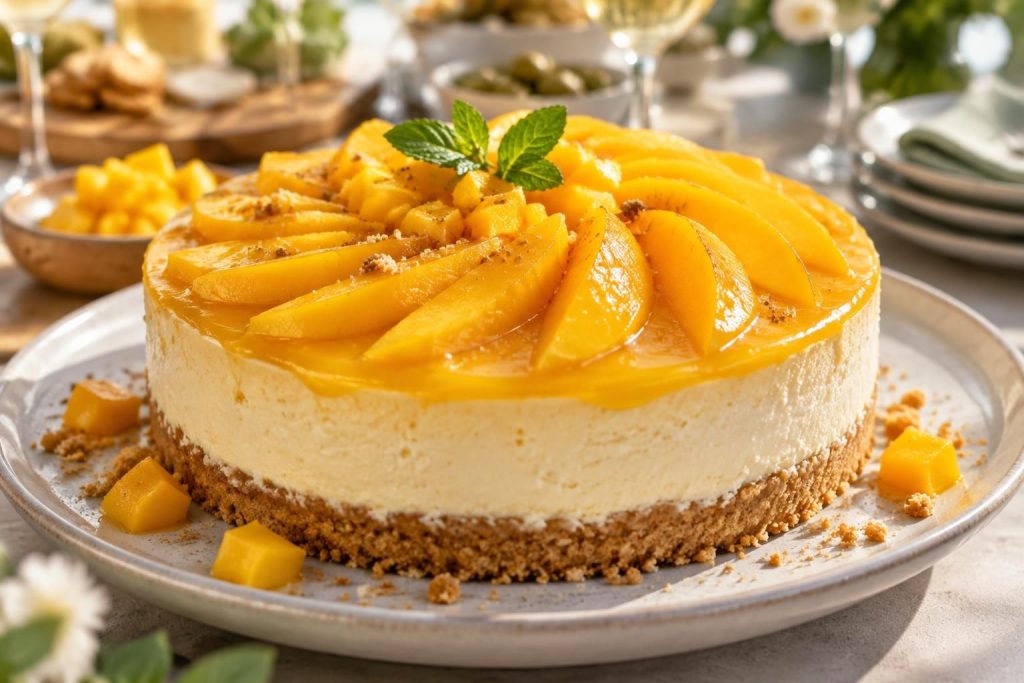 craquez pour ce cheesecake à la mangue, une douceur fruitée et gourmande idéale pour apporter une touche exotique à vos desserts d’apéro.