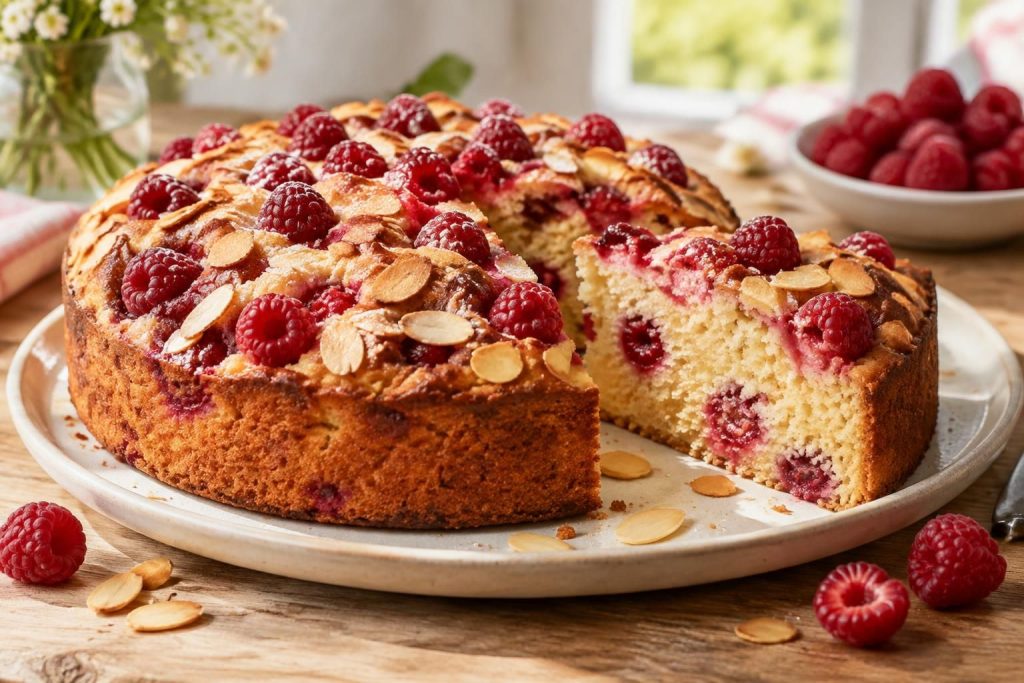 succombez à ce gâteau aux framboises et aux amandes, une recette moelleuse et fruitée qui marie douceur, gourmandise et saveurs estivales.